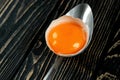 Egg yolk lies on a silver spoon on a wooden brown background. Bright yellow accent. Royalty Free Stock Photo