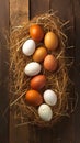 Eggcellent display Wooden background frames chicken eggs in rustic nest Royalty Free Stock Photo