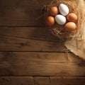 Eggcellent display Wooden background frames chicken eggs in rustic nest Royalty Free Stock Photo