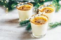 Eggnog with cinnamon and nutmeg for Christmas and winter holidays. Homemade eggnog in glasses on wooden table surface, shallow