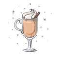 Eggnog with cinnamon and whipped cream. Sketch of a Christmas treat. Festive gogol mogol with decorations. Vector element