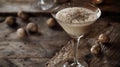 Eggnog cocktail with a dusting of nutmeg and black truffle garnish
