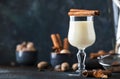 Eggnog cocktail hot winter or autumn drink with milk, eggs and dark rum, sprinkled with cinnamon and nutmeg in shot glass on blue Royalty Free Stock Photo