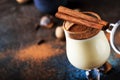 Eggnog cocktail hot winter or autumn drink with milk, eggs and dark rum, sprinkled with cinnamon and nutmeg in shot glass on blue Royalty Free Stock Photo