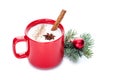 Eggnog cocktail in red mug arranged with christmas decoration is