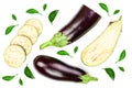 Eggplant or aubergine isolated on white background decorated with green leaves. Top view. Flat lay pattern Royalty Free Stock Photo