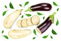 Eggplant or aubergine isolated on white background decorated with green leaves. Top view. Flat lay pattern Royalty Free Stock Photo