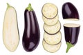 Eggplant or aubergine with slices isolated on white background. top, view, flat lay. Set or collection Royalty Free Stock Photo