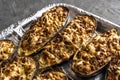 eggplant baked with meat on a baking sheet