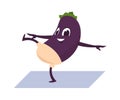 Eggplant. Cartoon vegetable doing fitness exercises. Sportsman raising hands and legs. Mascot standing in yoga asana on