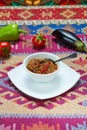 Eggplant caviar tomatoes garlic onion pepper Royalty Free Stock Photo