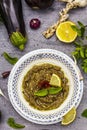 Eggplant dip baba ganoush mutabbal or mezze with ripe vegetables and fresh herbs