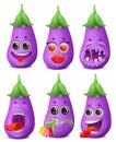 Eggplant emoji cartoon character set. Various emotions. Funny, love, romantic, pain