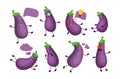 Eggplant funny character smileys set vector flat illustration. Cute childish purple vegetable emoji
