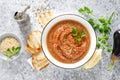 Eggplant hummus with ingredients for cooking. Traditional vegan arabic aubergine appetizer. Baba Ghanoush