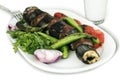 Eggplant kebab on a white background.