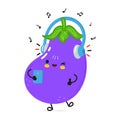 Eggplant listens to music on headphones with a smartphone. Vector hand drawn cartoon kawaii character illustration icon