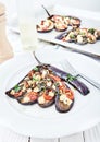 Eggplant with olive oil, basil and cherry tomatoes Royalty Free Stock Photo