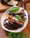 Eggplant parmesan in the dish