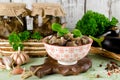 Eggplant preserve in glass jar on a wooden table