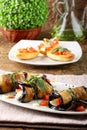 Eggplant rolls with cheese, tomato and basil Royalty Free Stock Photo