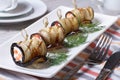 Eggplant rolls with cream cheese and tomatoes horizontal