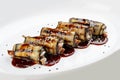 Eggplant rolls with eel. Isolated on a white background Royalty Free Stock Photo