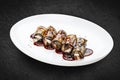 Eggplant rolls with eel. Isolated on a white background Royalty Free Stock Photo