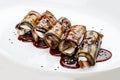 Eggplant rolls with eel. Isolated on a white background Royalty Free Stock Photo