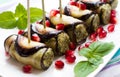 Eggplant rolls with nuts. Delicious starter of fried aubergines with nuts, herbs and pomegranate seeds Royalty Free Stock Photo