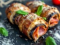 Eggplant rolls stuffed with cooked ham, ricotta and seasoned with tomato sauce