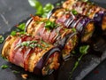 Eggplant rolls stuffed with cooked ham, ricotta and seasoned with tomato sauce