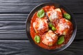 Eggplant rolls stuffed with ricotta and baked in tomato sauce and served with parmesan and basil close-up in a plate. Horizontal Royalty Free Stock Photo