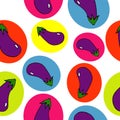 Eggplant seamless pattern. bright circles. White background