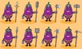 Cute Eggplant knight. Cute and funny fruit set. Two handed weapons and hand up pose.