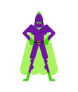 Eggplant superhero. Super Vegetable in mask and raincoat. Strong Eggplants
