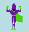 Eggplant superhero. Super Vegetable in mask and raincoat. Strong Eggplants