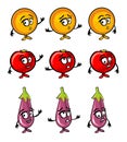 Eggplant, tomato, orange cartoon smiles, surprised and sad