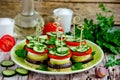 Eggplant, tomato, pepper, cucumber slices kebabs Royalty Free Stock Photo