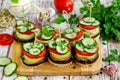 Eggplant, tomato, pepper, cucumber slices kebabs Royalty Free Stock Photo