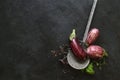 Eggplant varieties in black bowl over dark slate background. Overhead view. Royalty Free Stock Photo