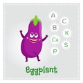 Eggplant vegetable vitamins and minerals. Funny vegetable character. Healthy food illustration