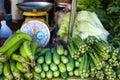 Eggplants, cucumbers and raw roselles in market Royalty Free Stock Photo