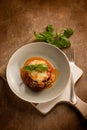 eggplants parmigiana with basil leaves Royalty Free Stock Photo