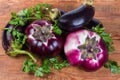 Eggplants two varieties and fresh parsley on old rustic table Royalty Free Stock Photo