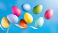 eggs on a background, Banner with colored Easter eggs flying in the air on blue background