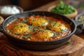 Eggs baked in a spicy tomato sauce, sprinkled with parsley and Parmesan