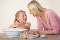Eggs, baking and happy family bonding, love and excited mother and daughter prepare recipe, wheat flour or ingredients