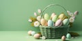 eggs in basket isolated on green background with copy space for easter spring holiday Royalty Free Stock Photo