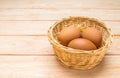 Eggs in the basket on pine wood table with coppy apace